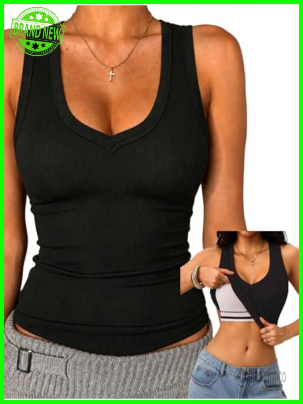 Ribbed Built in Bra Tank Top Racerback V Neck Sleeveless Shirt